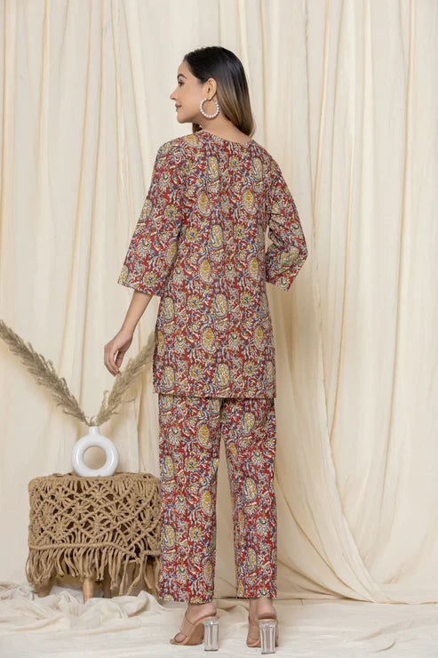 Red Paisley Cotton Printed Night Suit