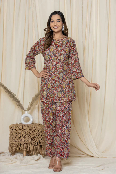 Red Paisley Cotton Printed Night Suit