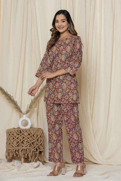 Red Paisley Cotton Printed Night Suit