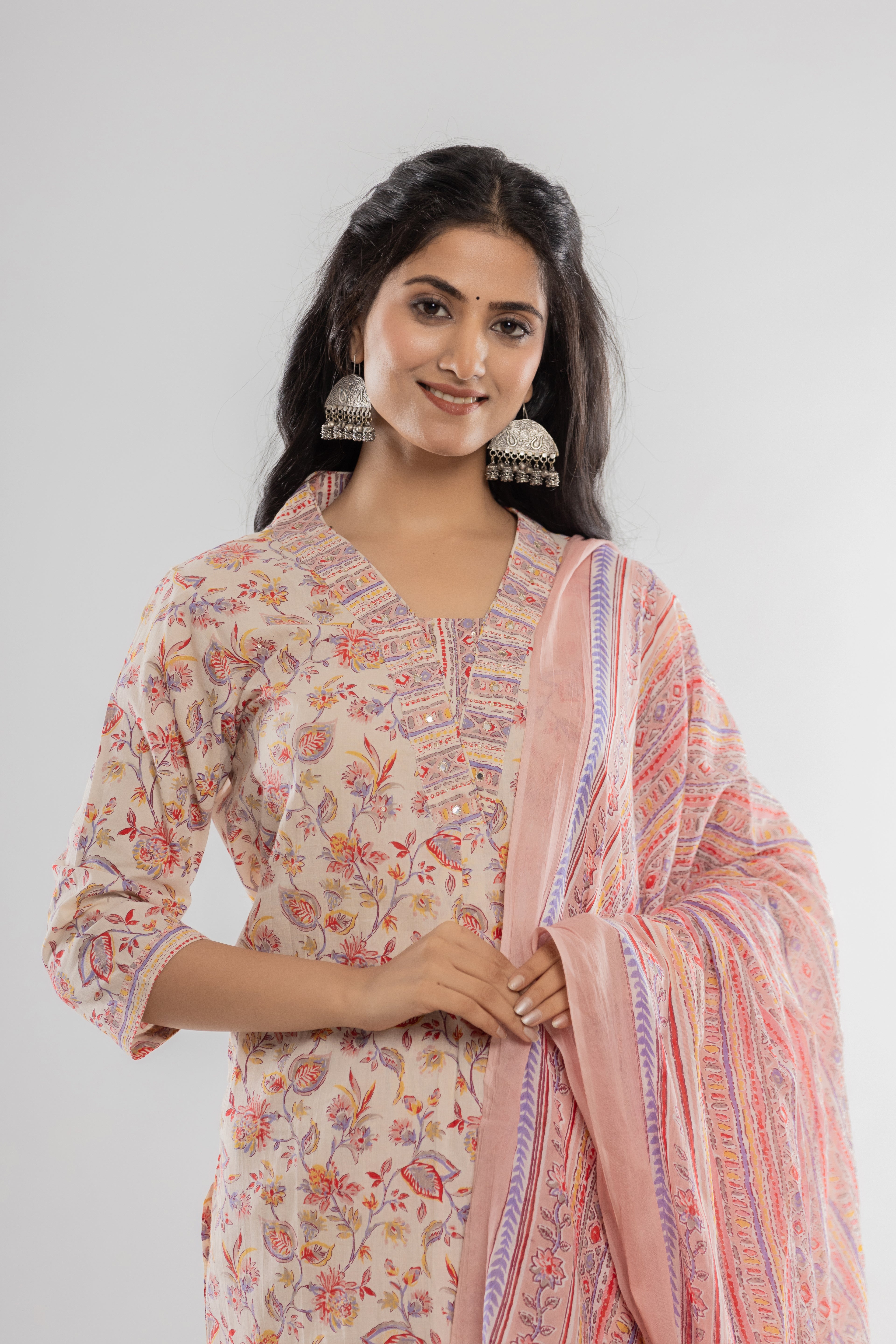 Baby Pink Kurti Pant Set With Dupatta