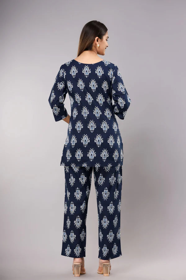 Blue Ikat Cotton Printed Night Suits