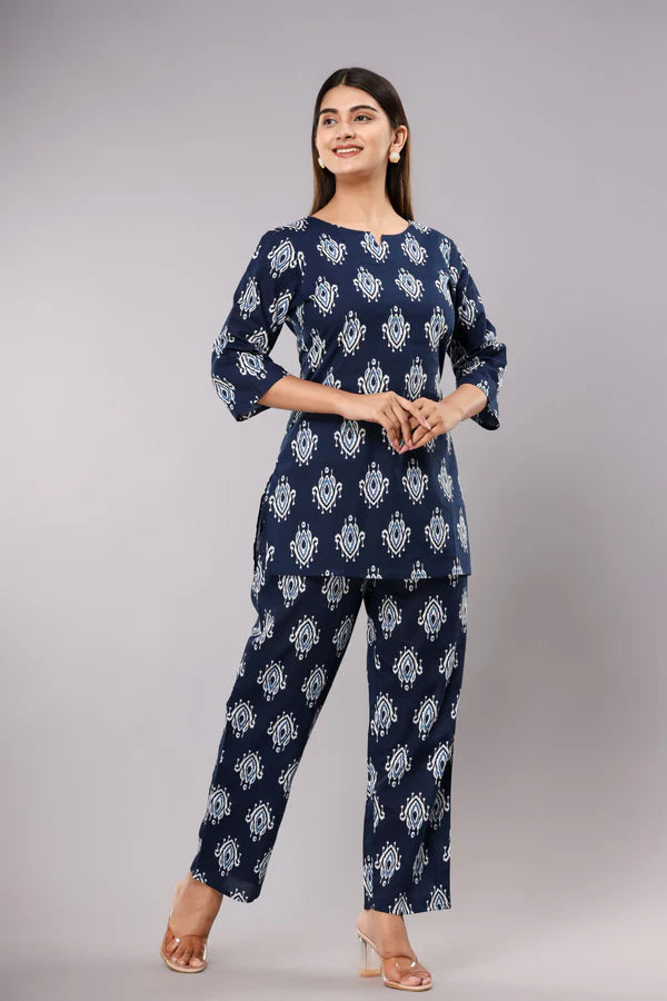 Blue Ikat Cotton Printed Night Suits