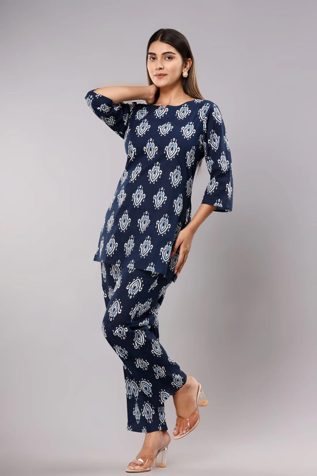 Blue Ikat Cotton Printed Night Suits