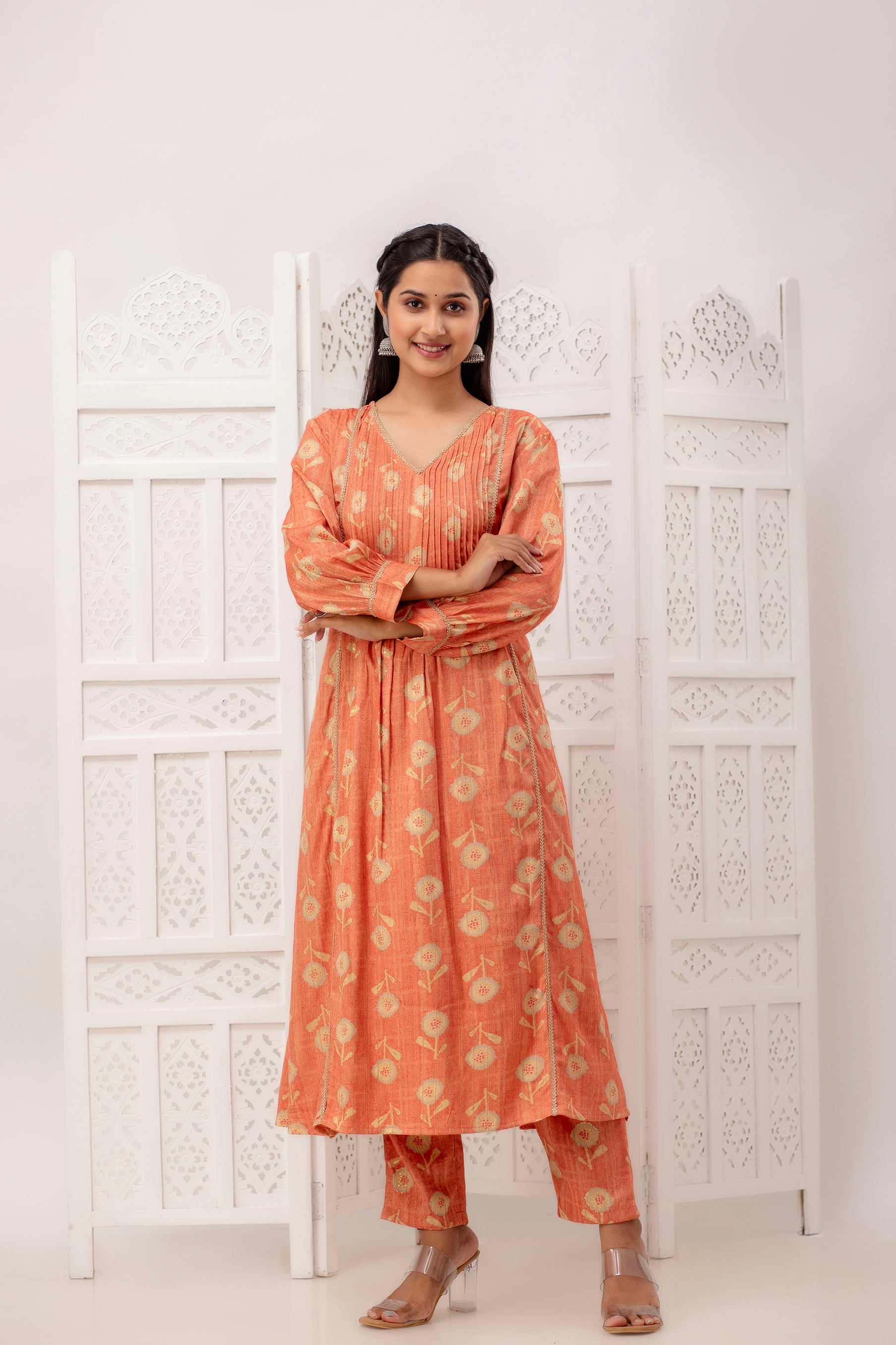 Pintucks Peach Kurta Pant Set