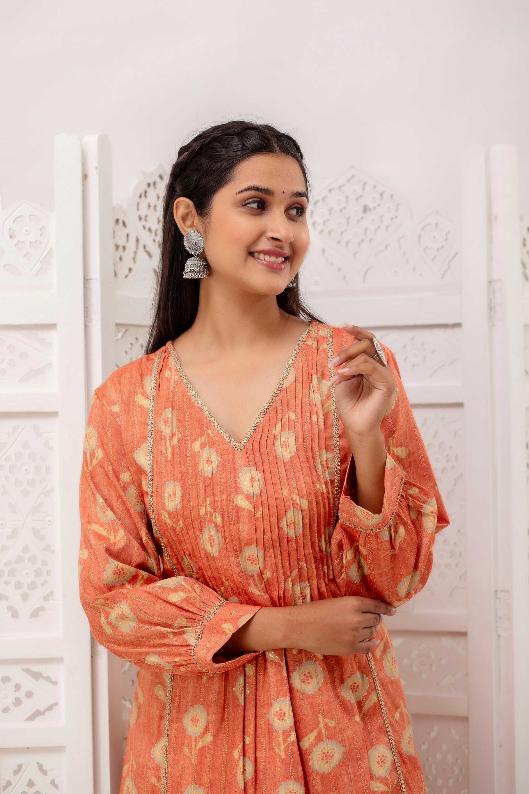 Pintucks Peach Kurta Pant Set