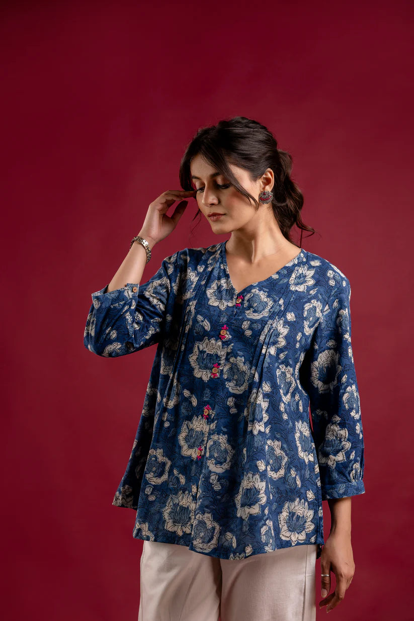 Indigo Blue Floral Handblock Print Top