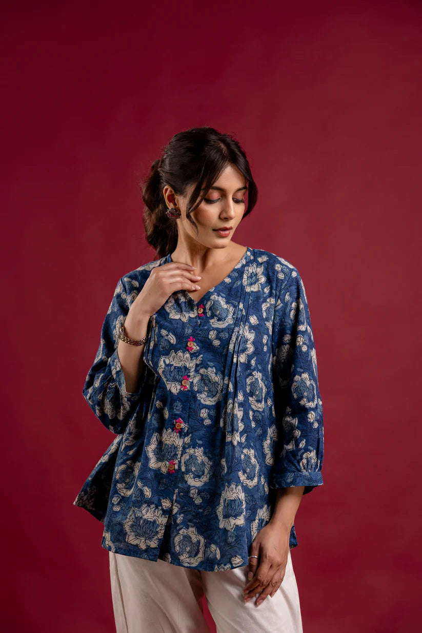 Indigo Blue Floral Handblock Print Top