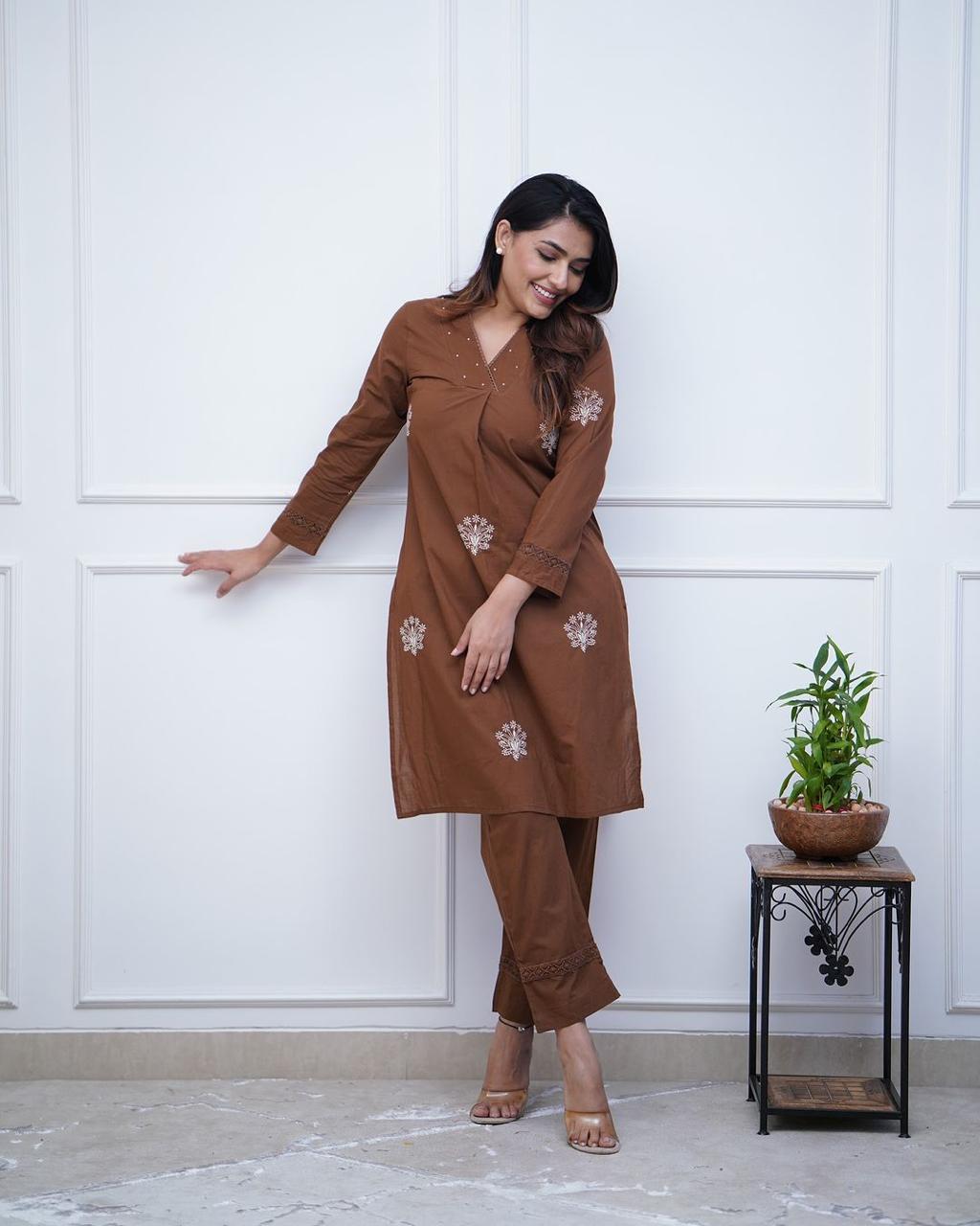 Brown embroidery kurta set