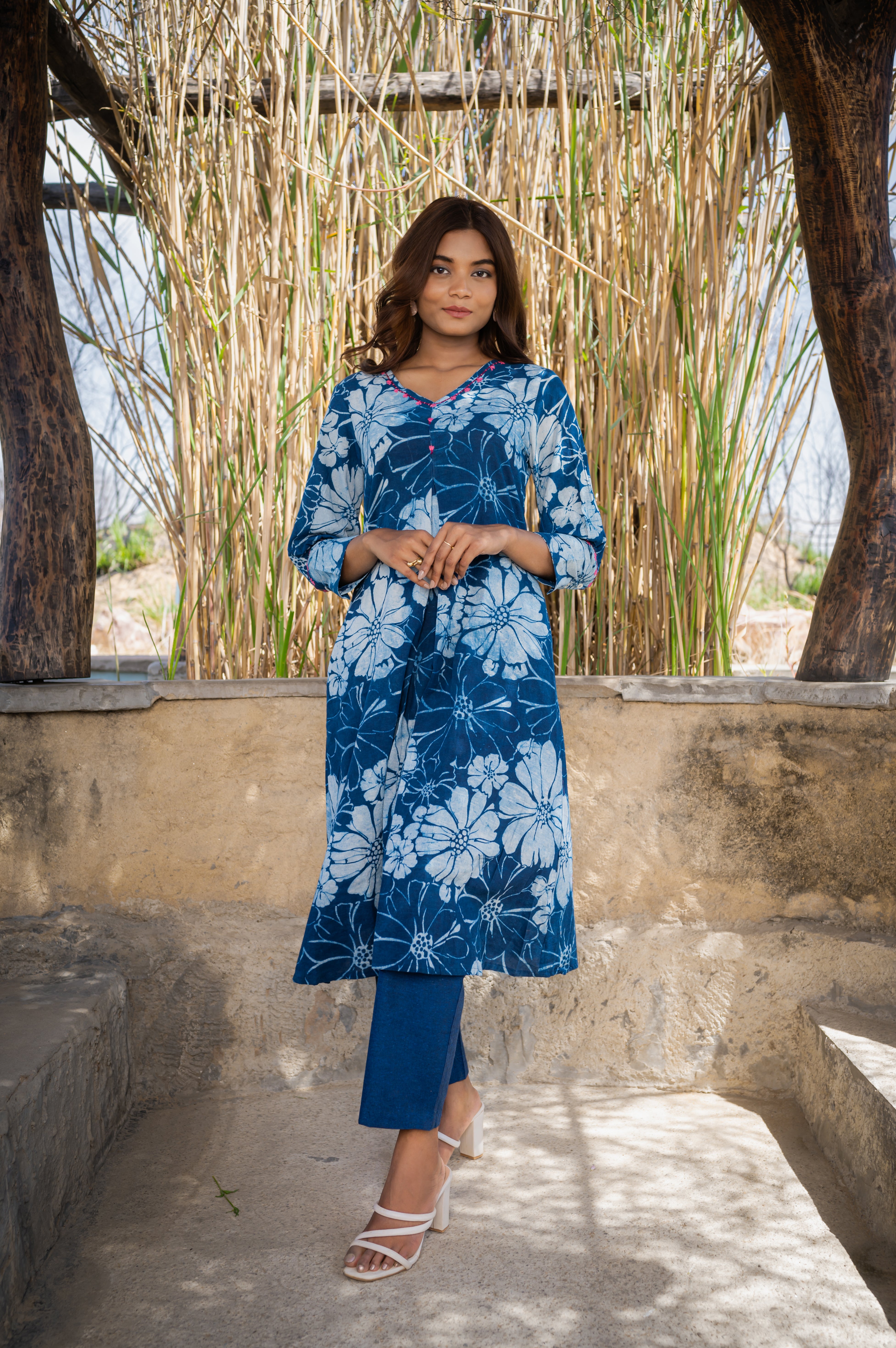 Floral printed blue A - line cotton Kurta Set