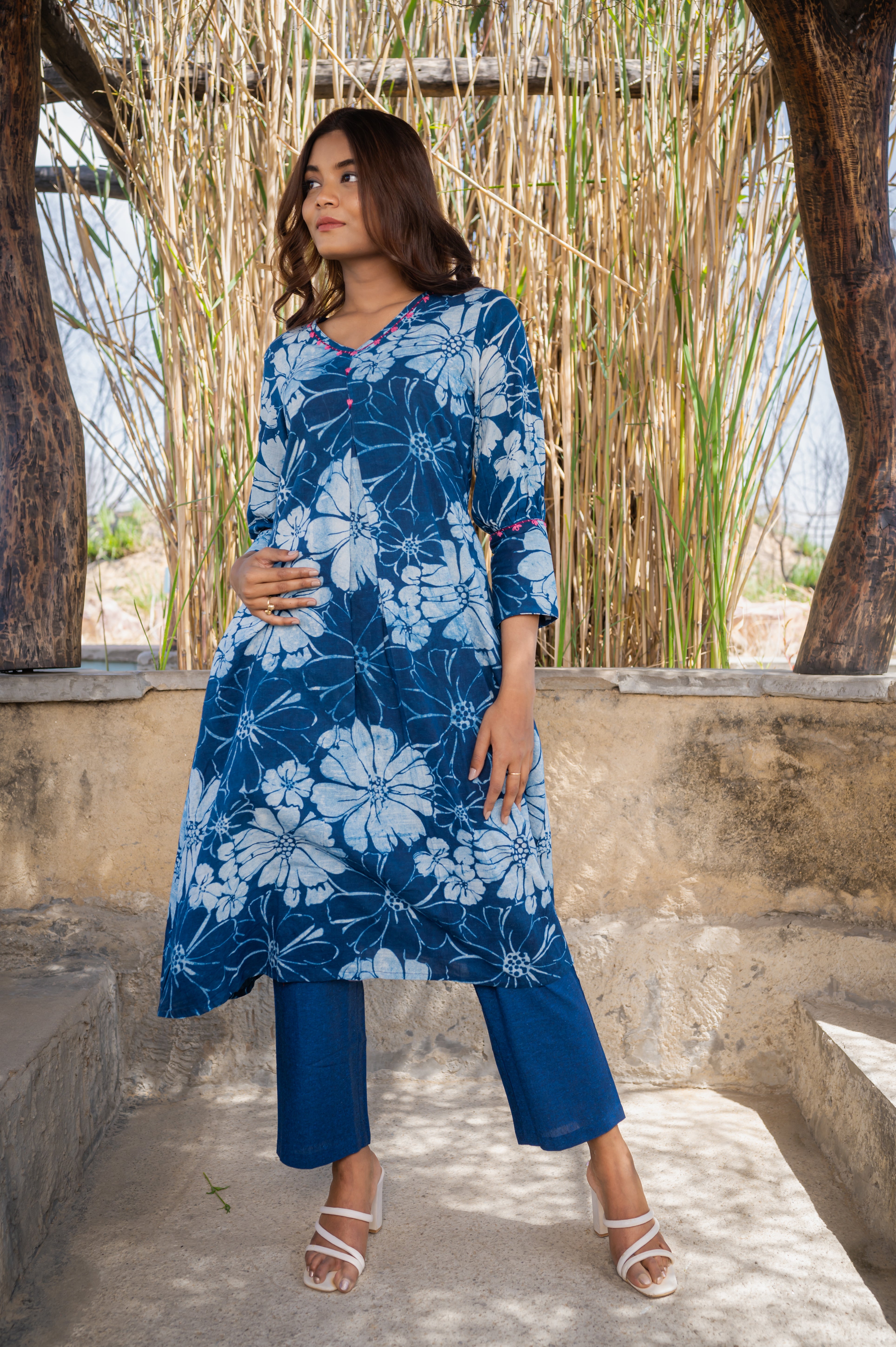 Floral printed blue A - line cotton Kurta Set