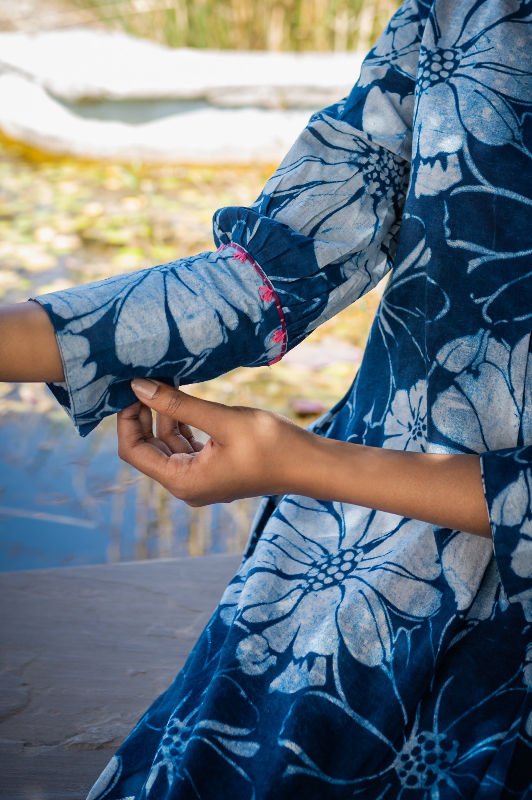 Floral printed blue A - line cotton Kurta Set