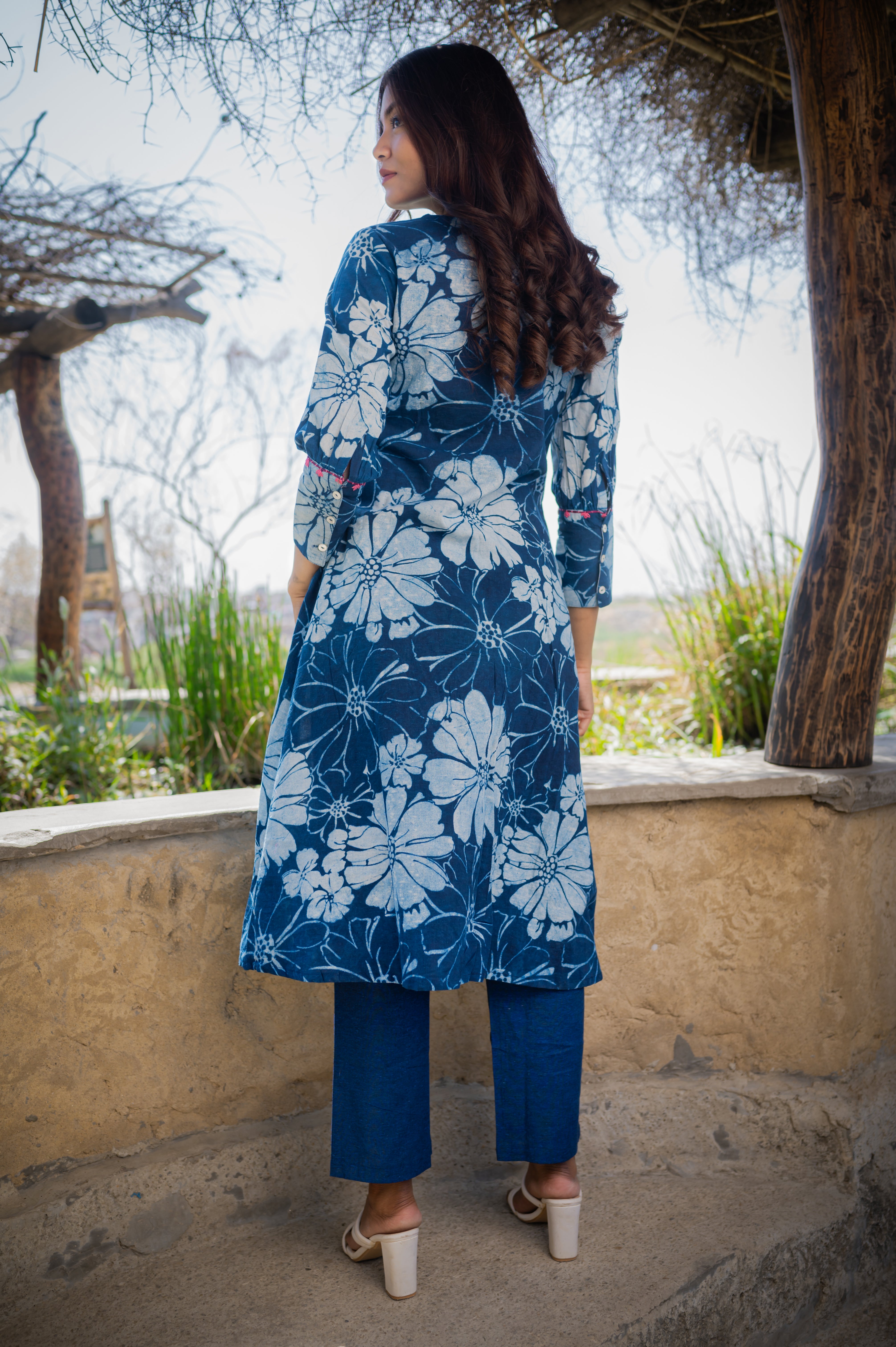 Floral printed blue A - line cotton Kurta Set