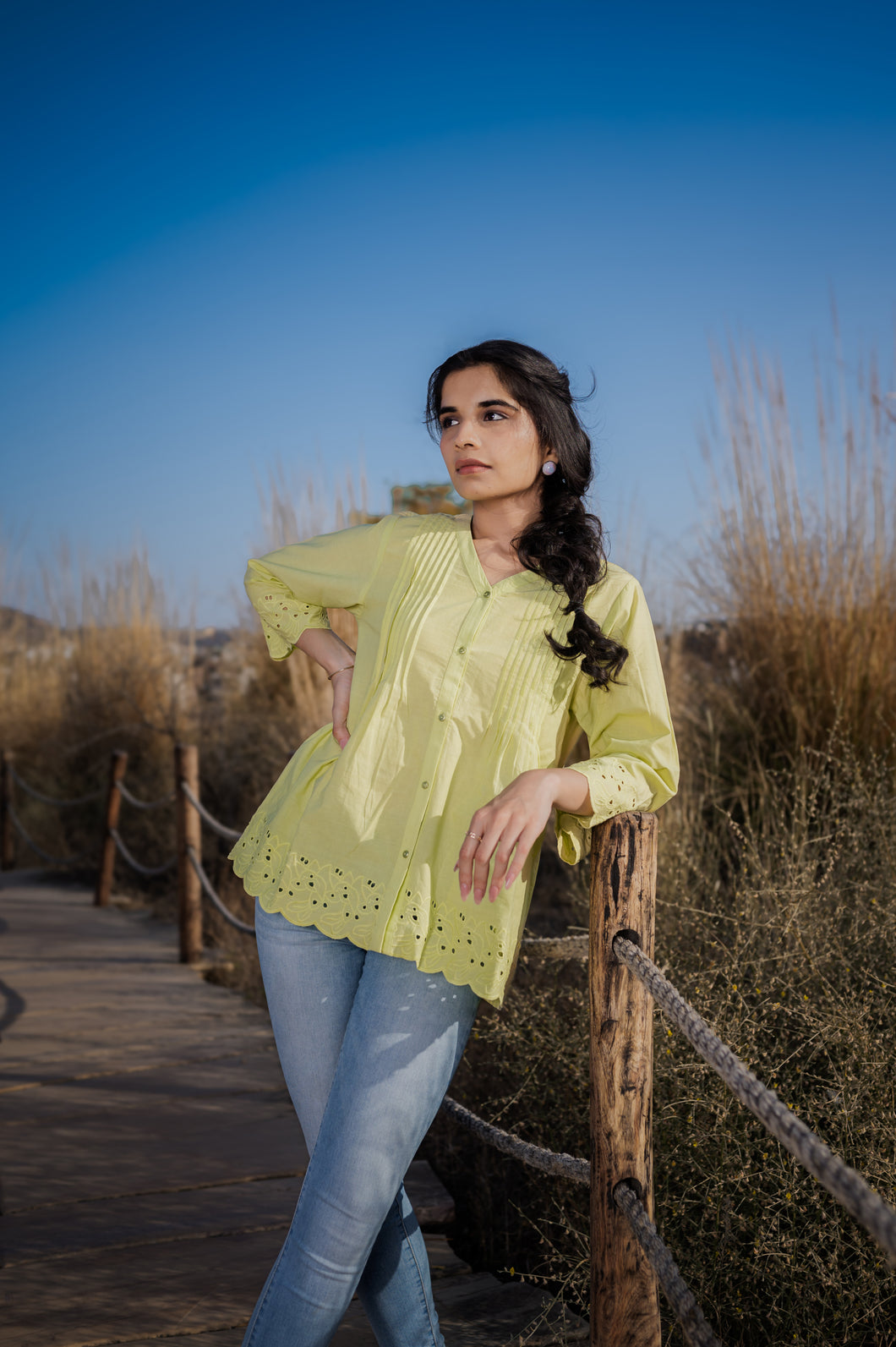 Green cotton cut work short top