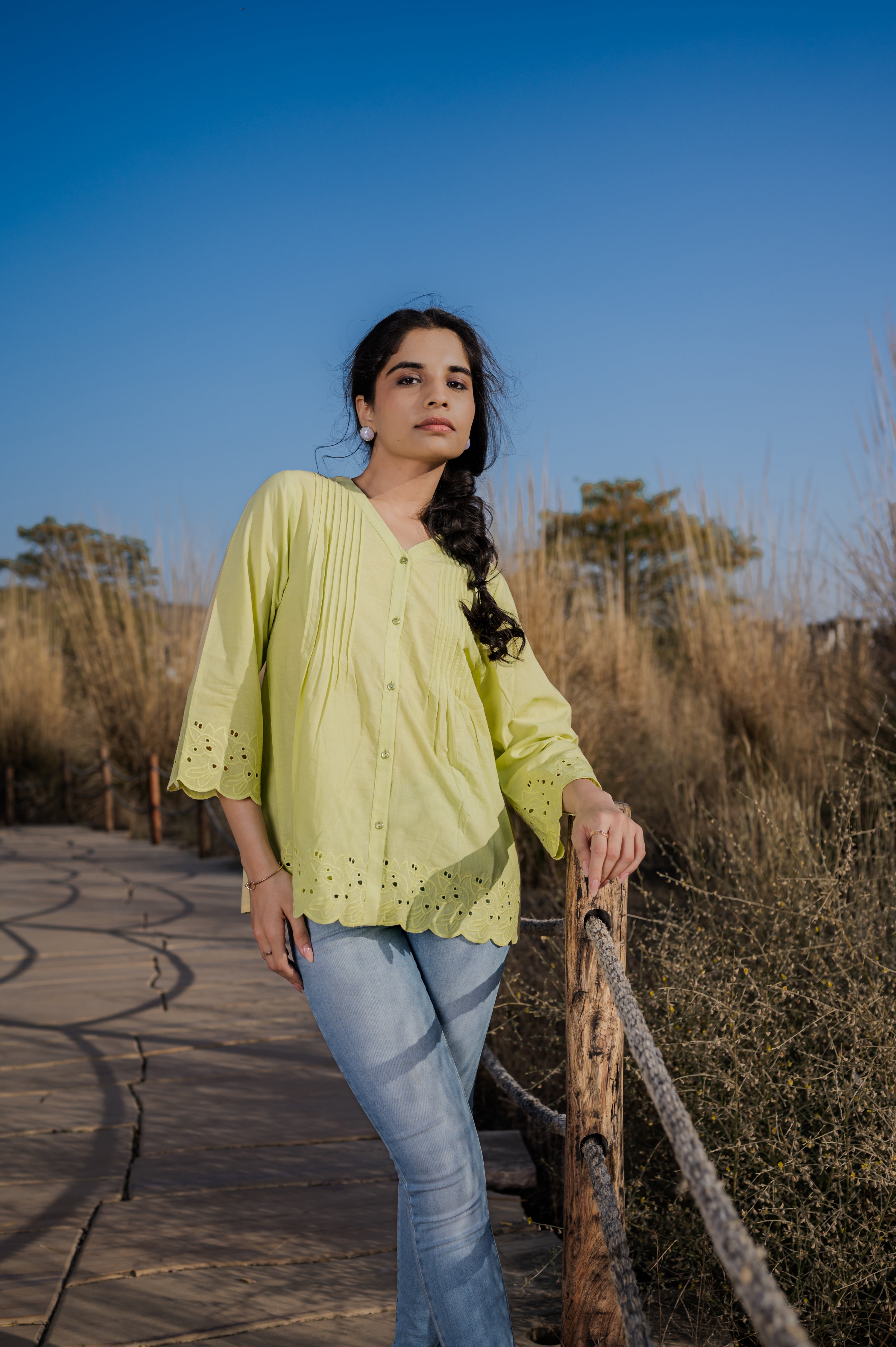 Green cotton cut work short top