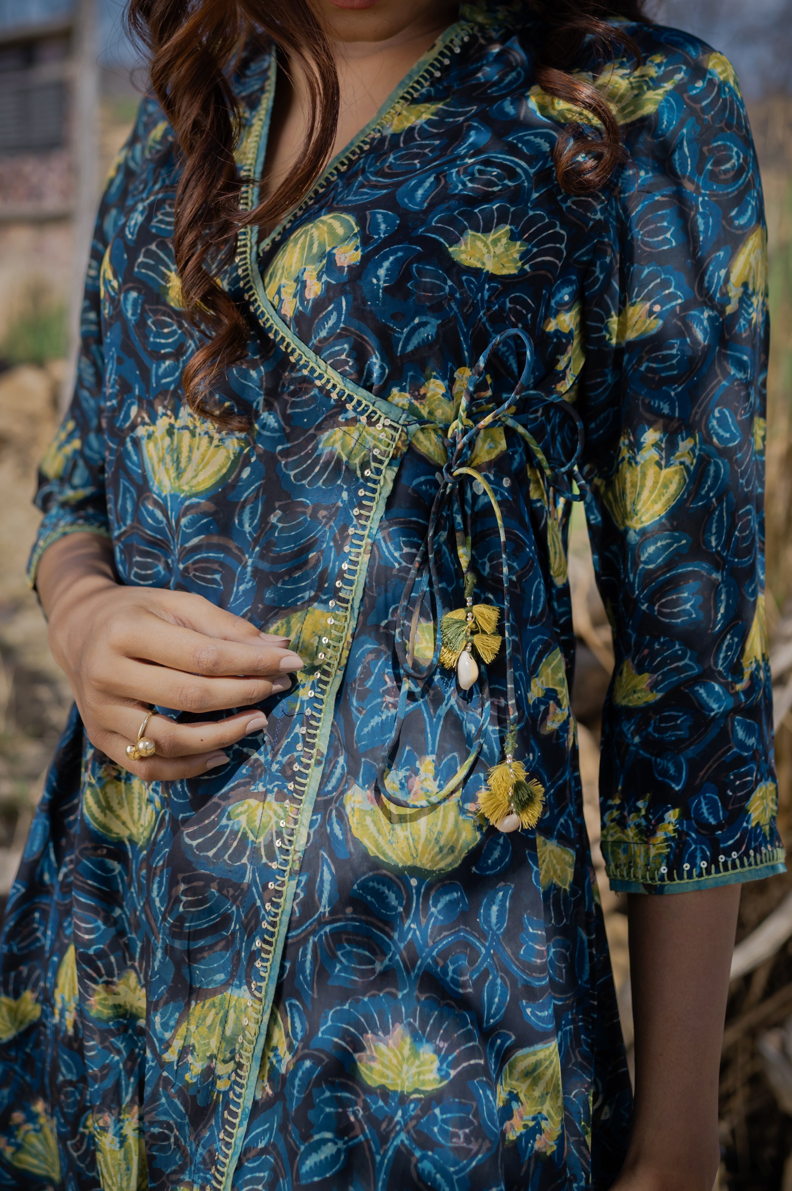 Cyan Blue Hand-block angrakha Kurta Set