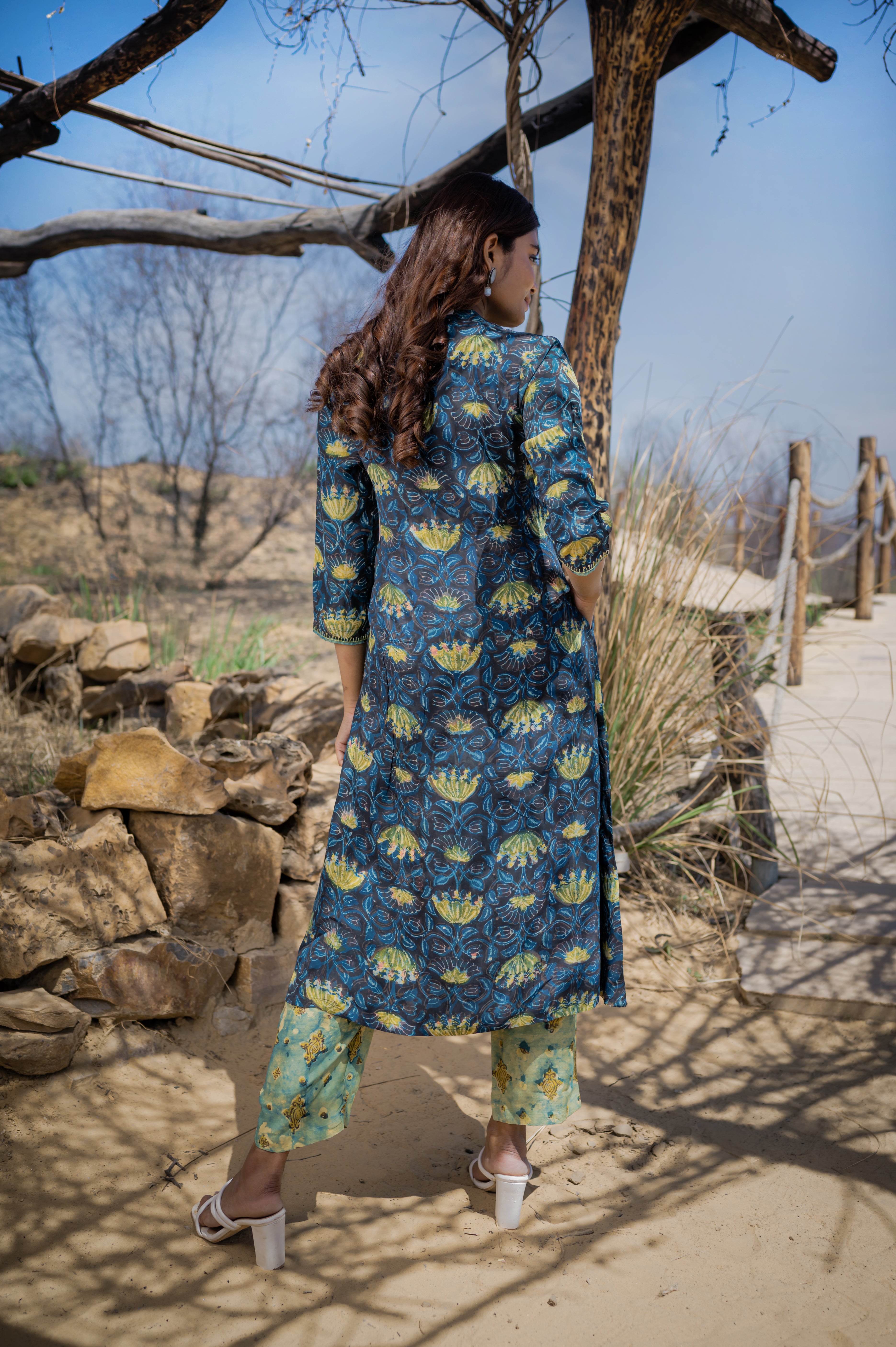 Cyan Blue Hand-block angrakha Kurta Set