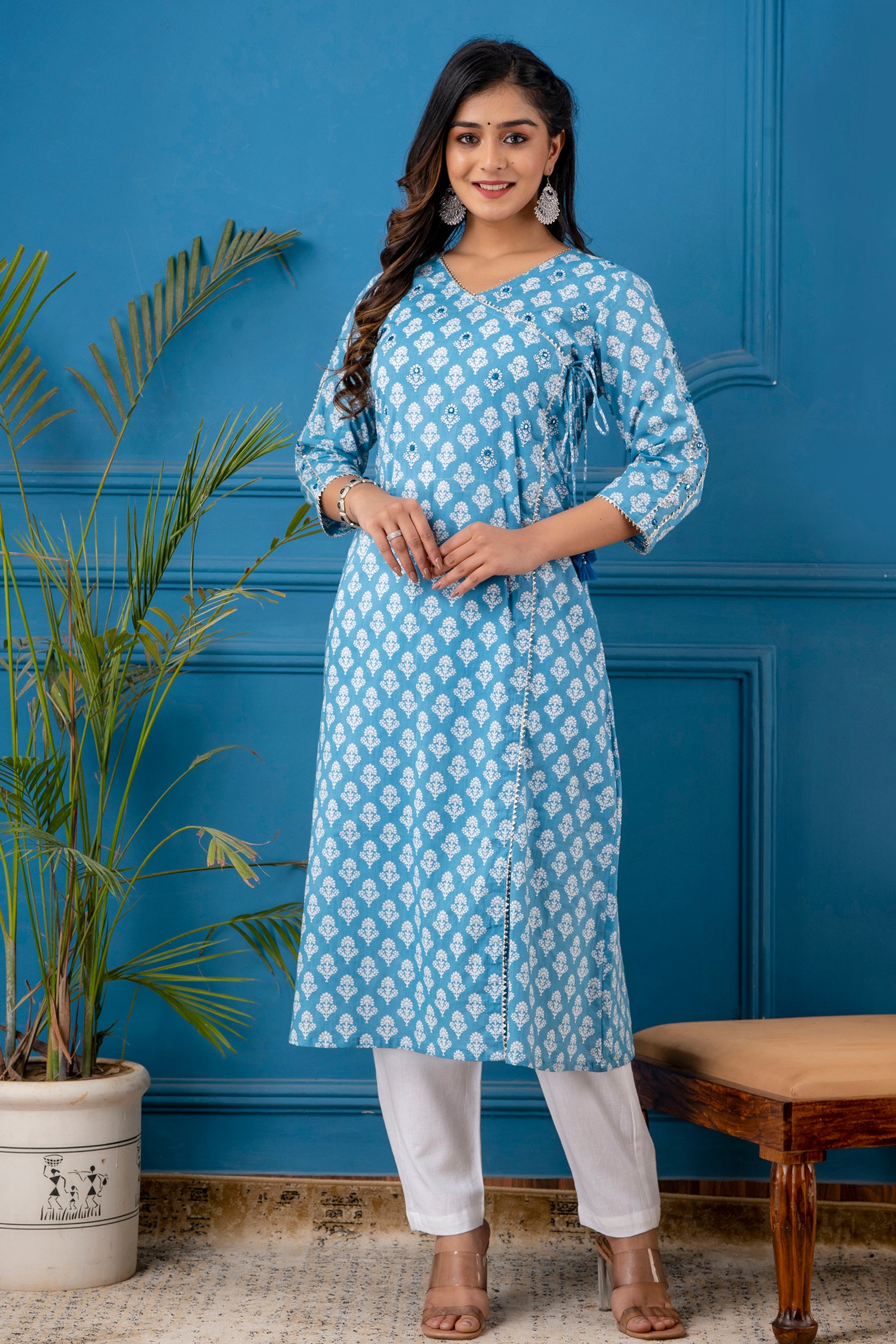 Blue Angarkha A-line Kurta with Bejiya and Mirror Work