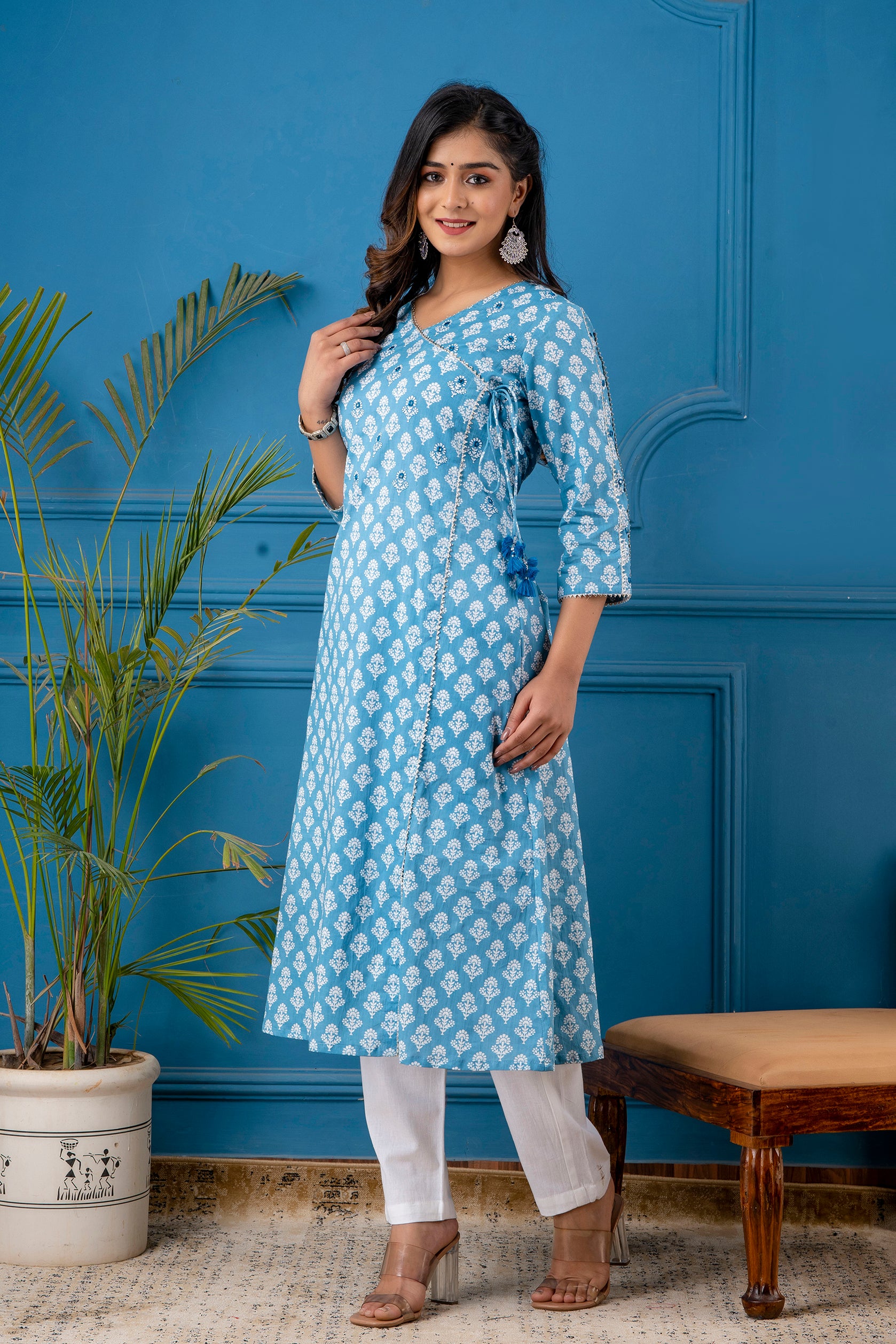 Blue Angarkha A-line Kurta with Bejiya and Mirror Work