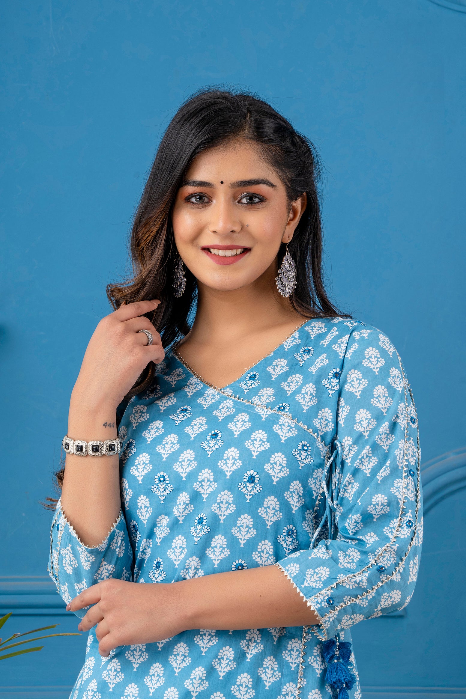 Blue Angarkha A-line Kurta with Bejiya and Mirror Work