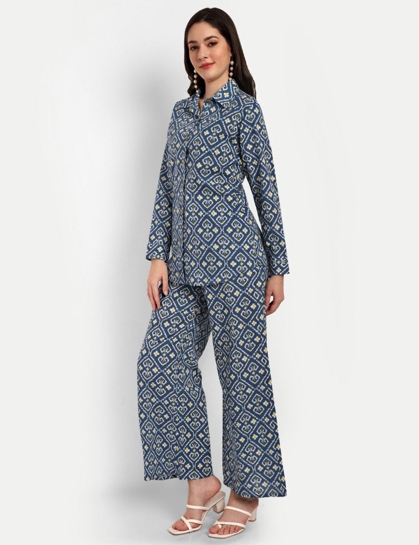 Shirt Pant style Blue Co-ord set