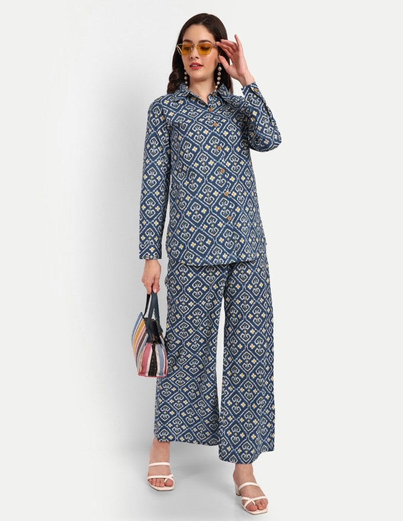 Shirt Pant style Blue Co-ord set