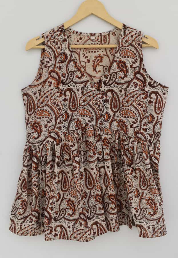 Hand Block Beige Cotton Sleeveless Top