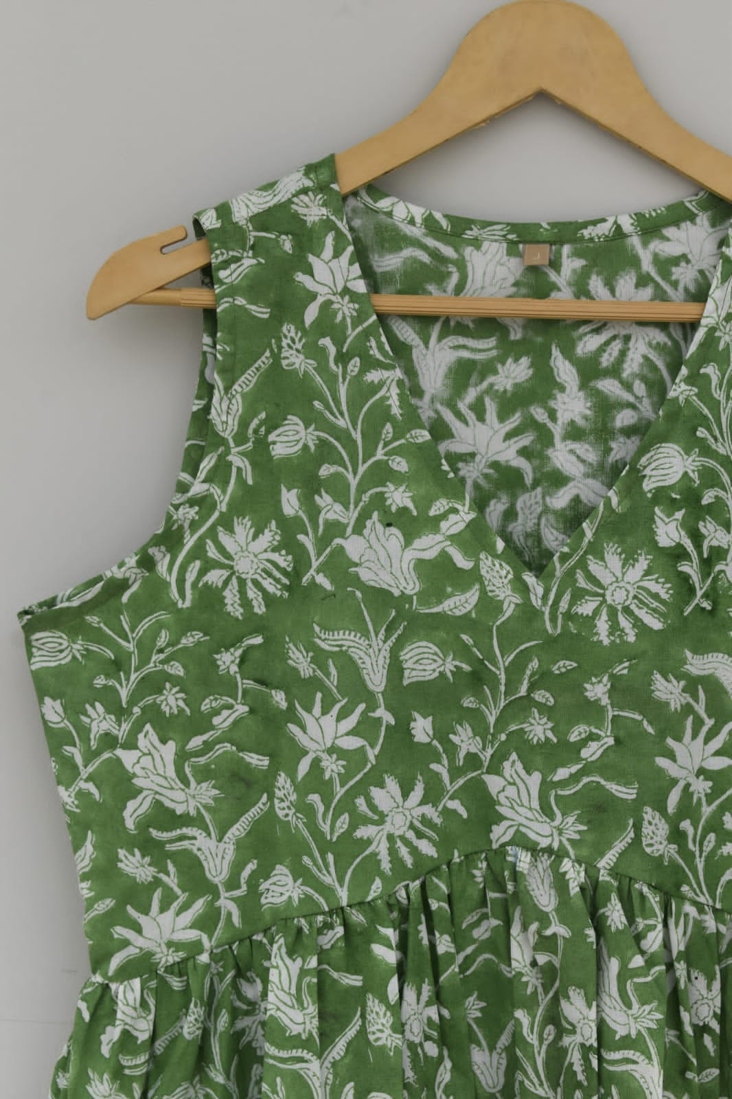 Hand Block Green Cotton Sleeveless Top