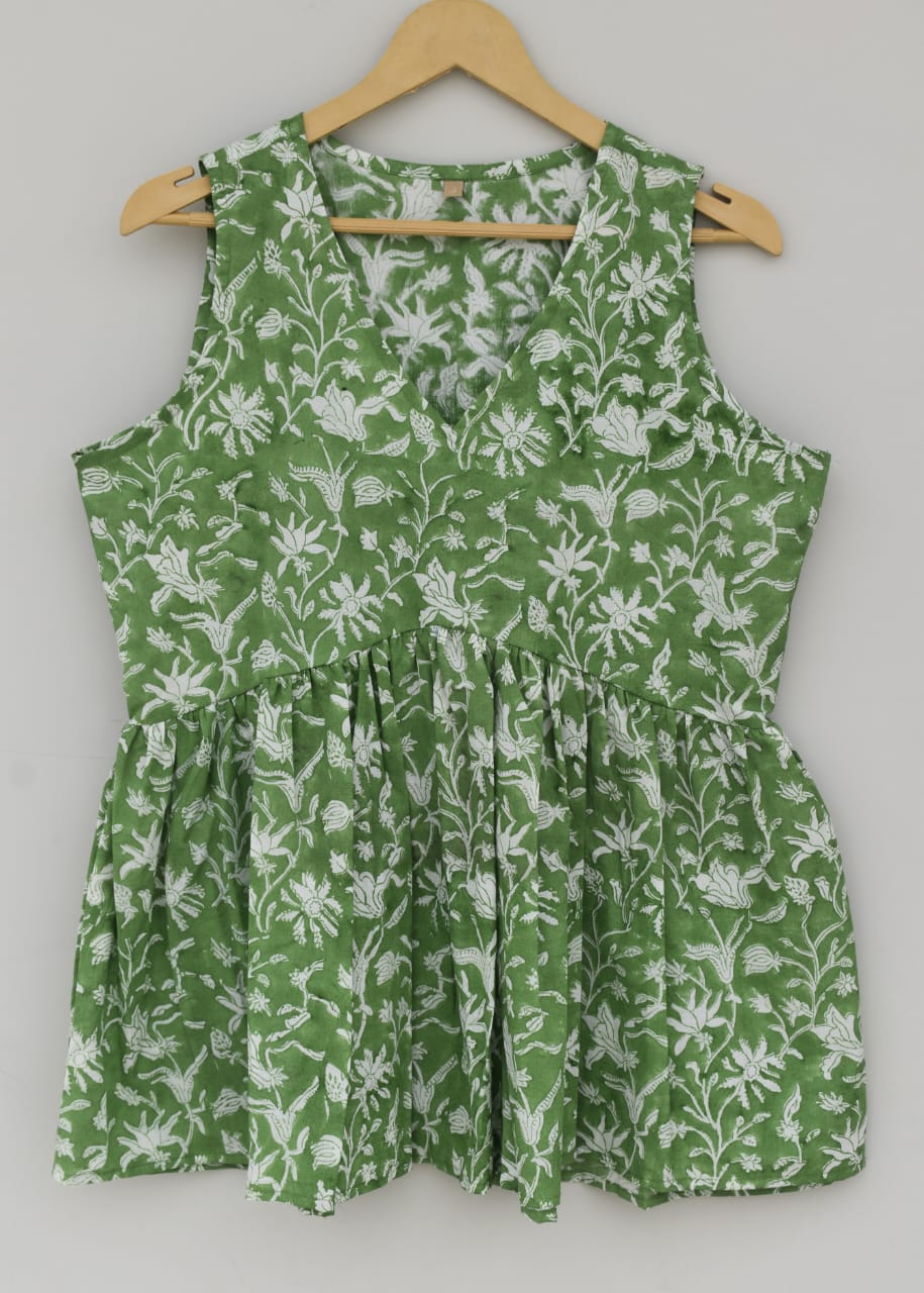 Hand Block Green Cotton Sleeveless Top