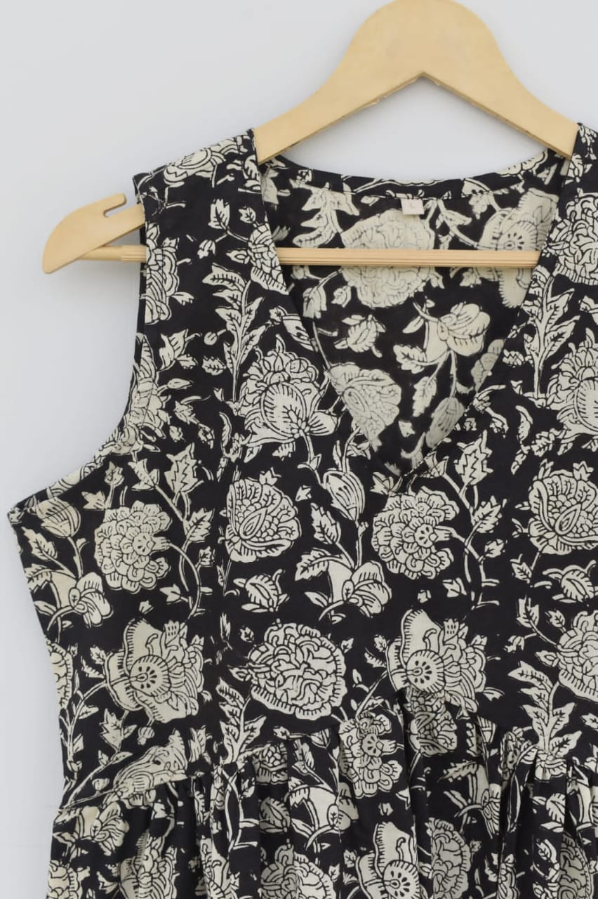 Hand Block Black Cotton Sleeveless Top