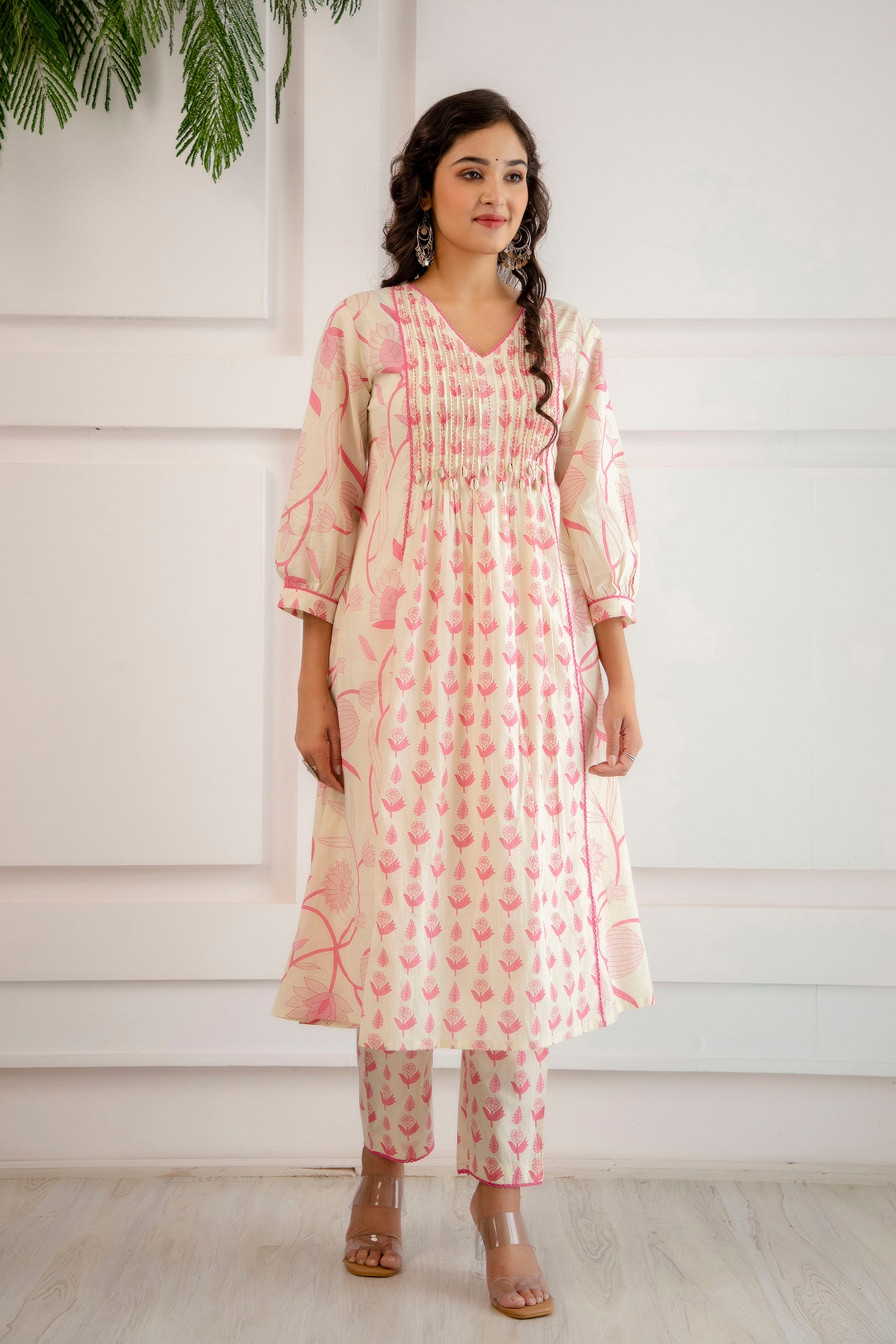 Pink Shell Kurta Pant Dupatta set