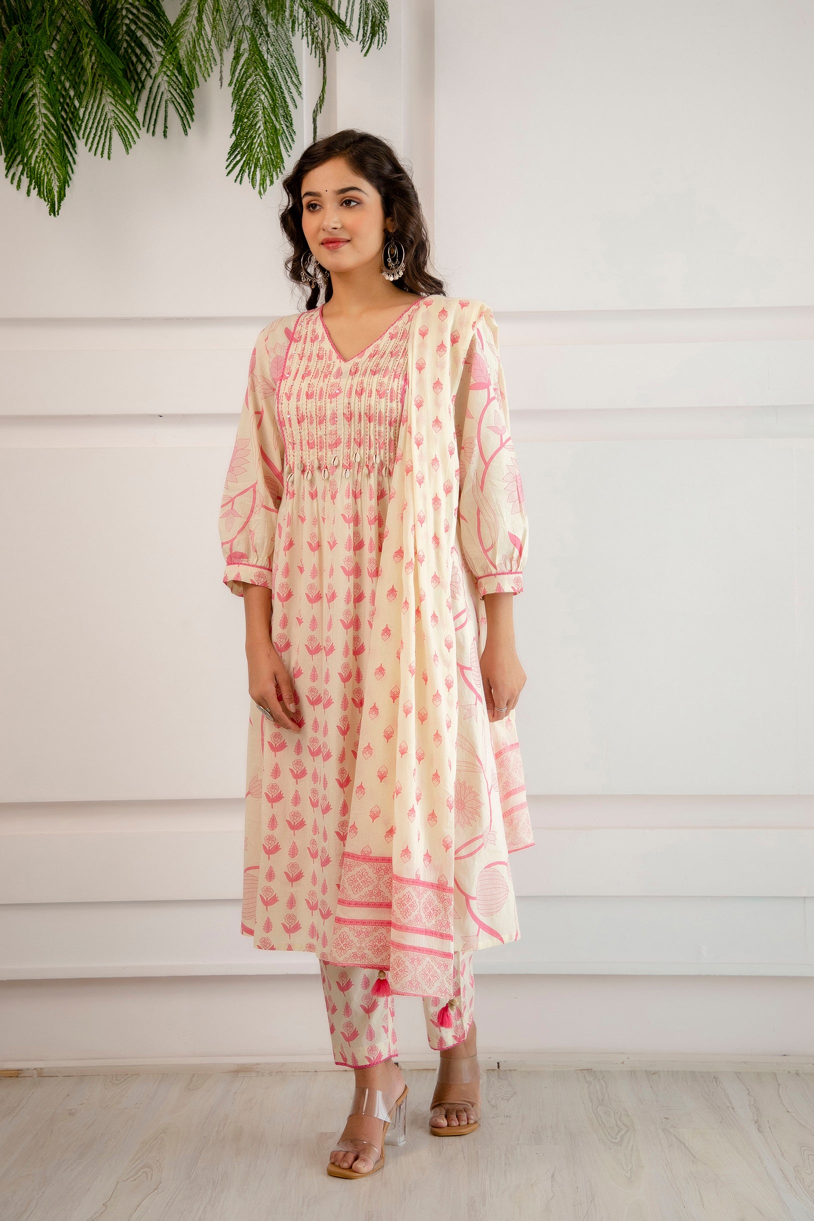 Pink Shell Kurta Pant Dupatta set