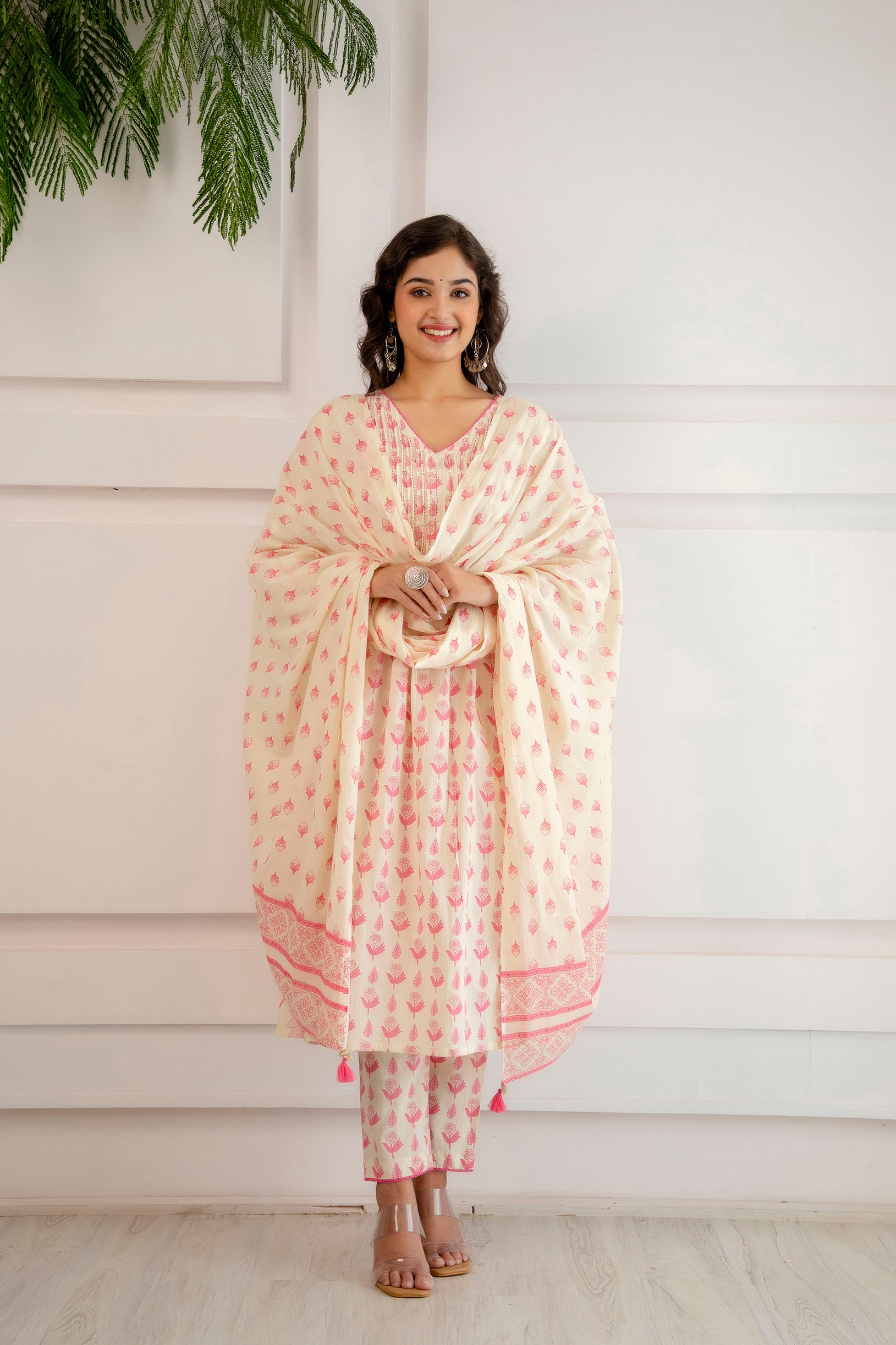 Pink Shell Kurta Pant Dupatta set