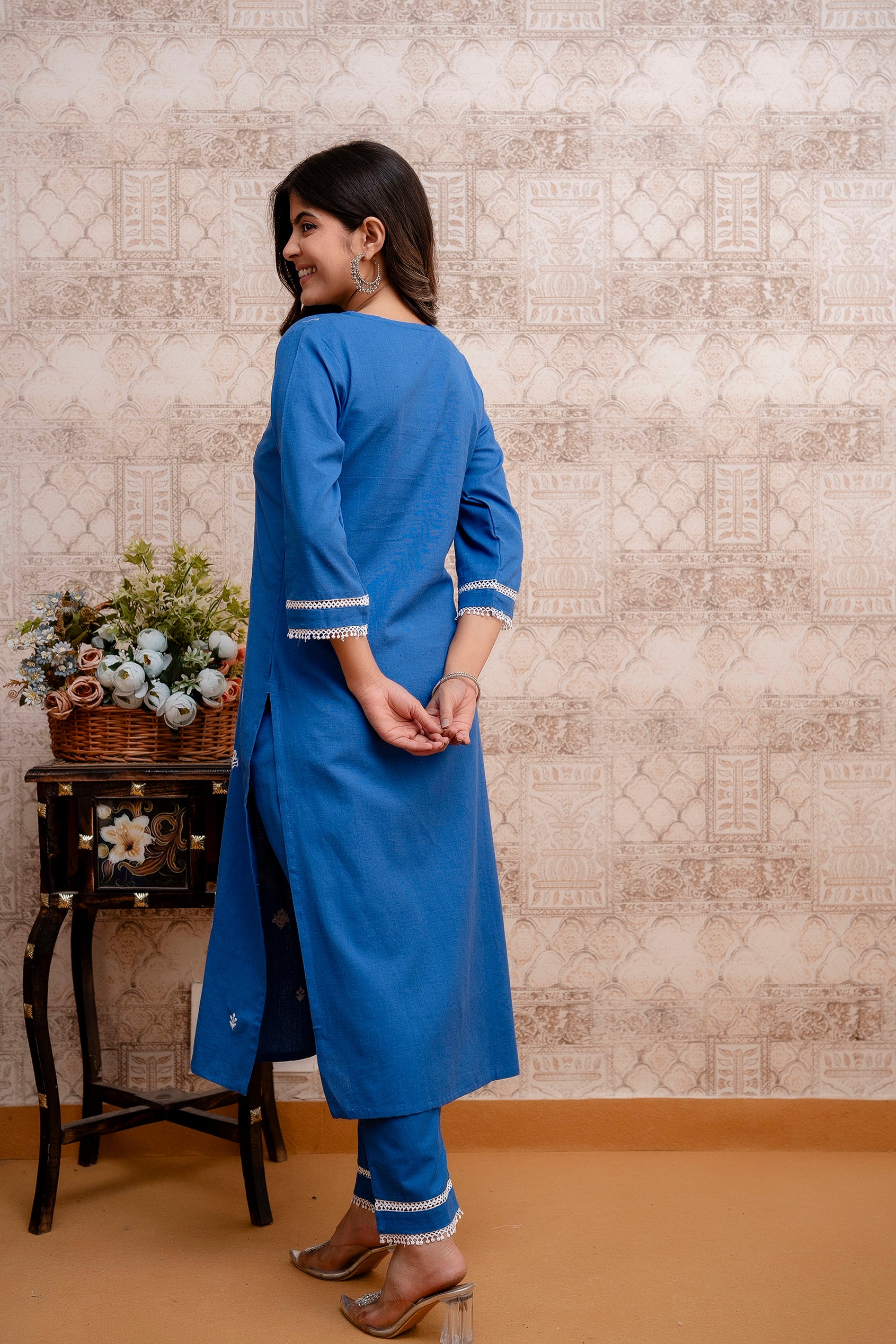 Blue Embroidered Kurta And Lace Pants Set