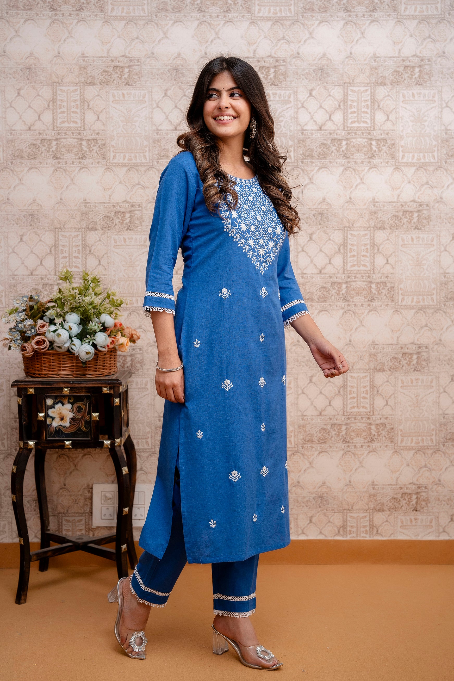 Blue Embroidered Kurta And Lace Pants Set