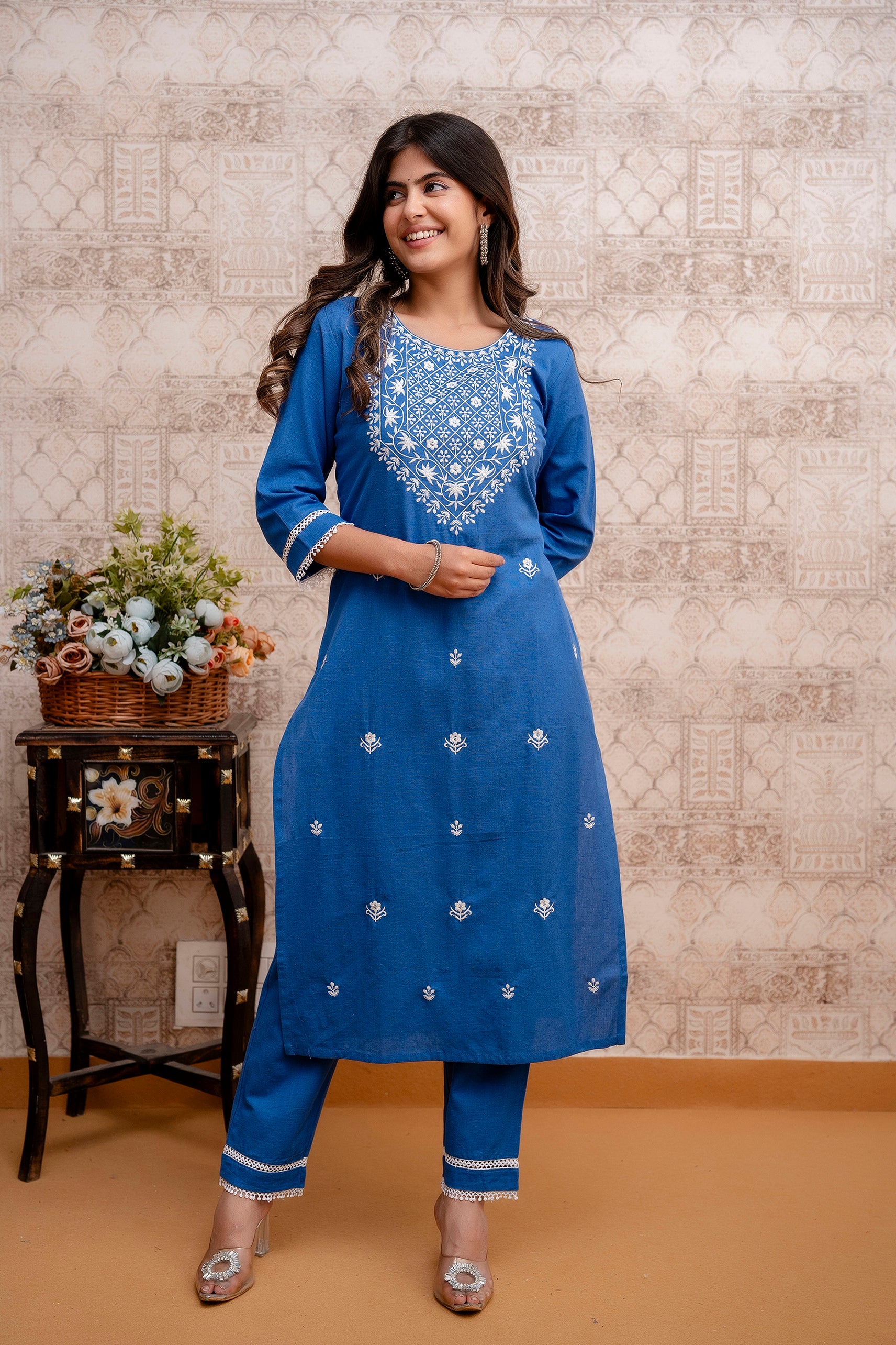 Blue Embroidered Kurta And Lace Pants Set