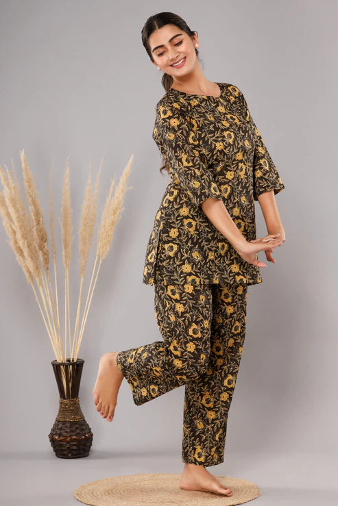 Dark Brown Cotton Printed Night Suits