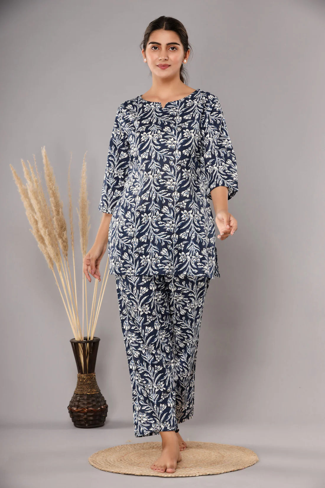 Dark Blue Cotton Printed Night Suits