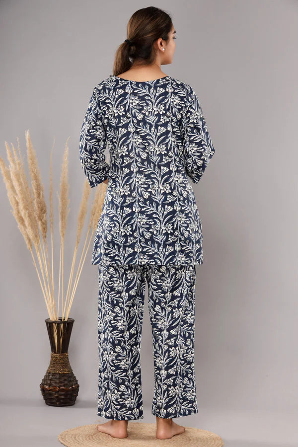 Dark Blue Cotton Printed Night Suits