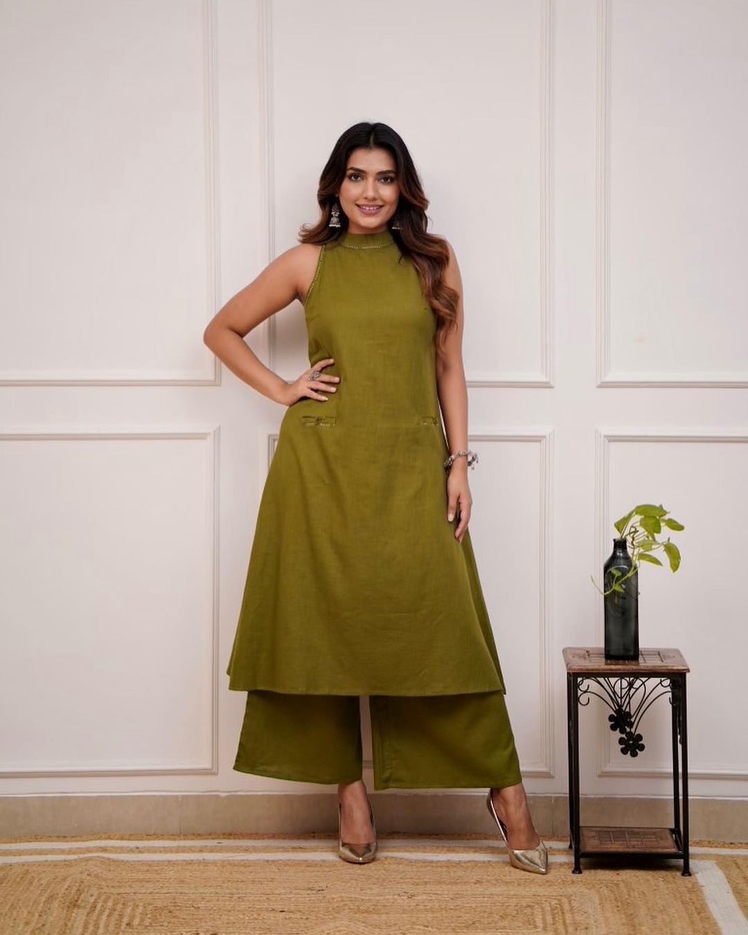 Sleeveless Cotton Work Kurti with Palazzo