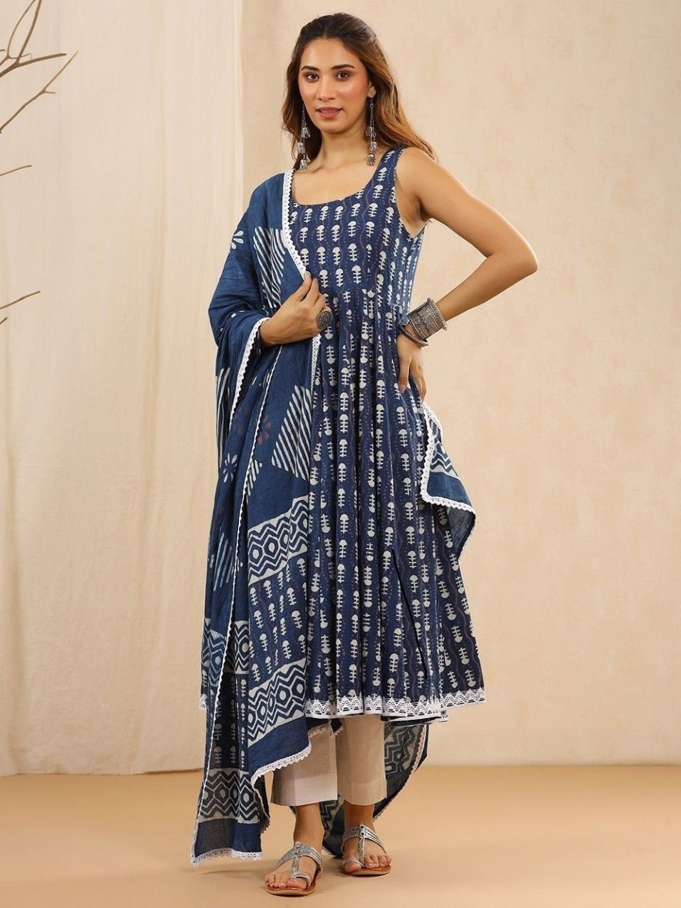 Blue Anarkali with Laces Kurta Set