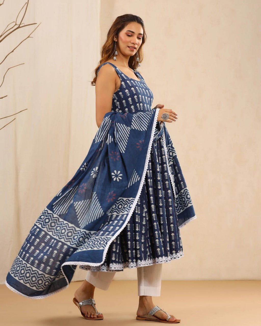 Blue Anarkali with Laces Kurta Set