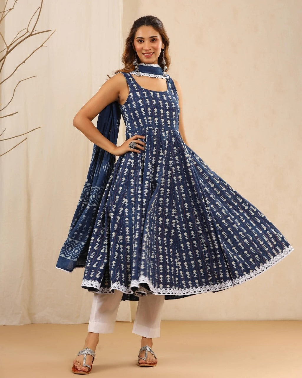 Blue Anarkali with Laces Kurta Set