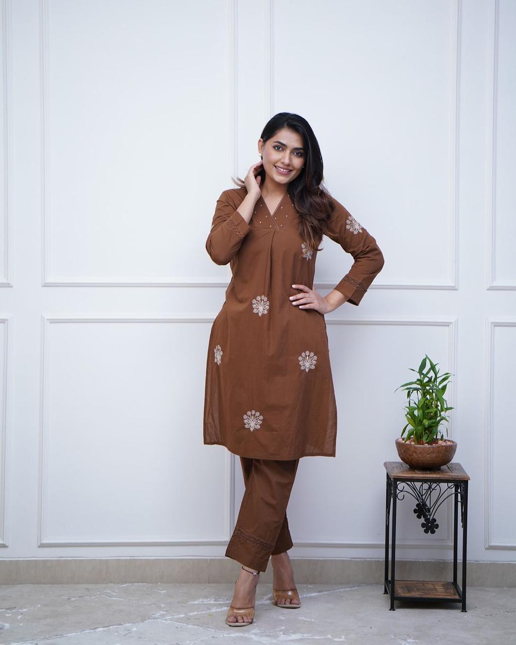 Brown embroidery kurta set