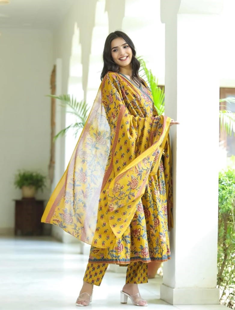 Mustard Hand Block Print Suit