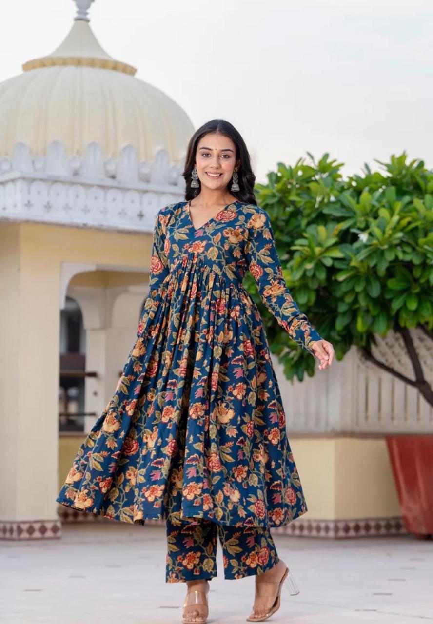 Hand Block Blue Anarkali Set