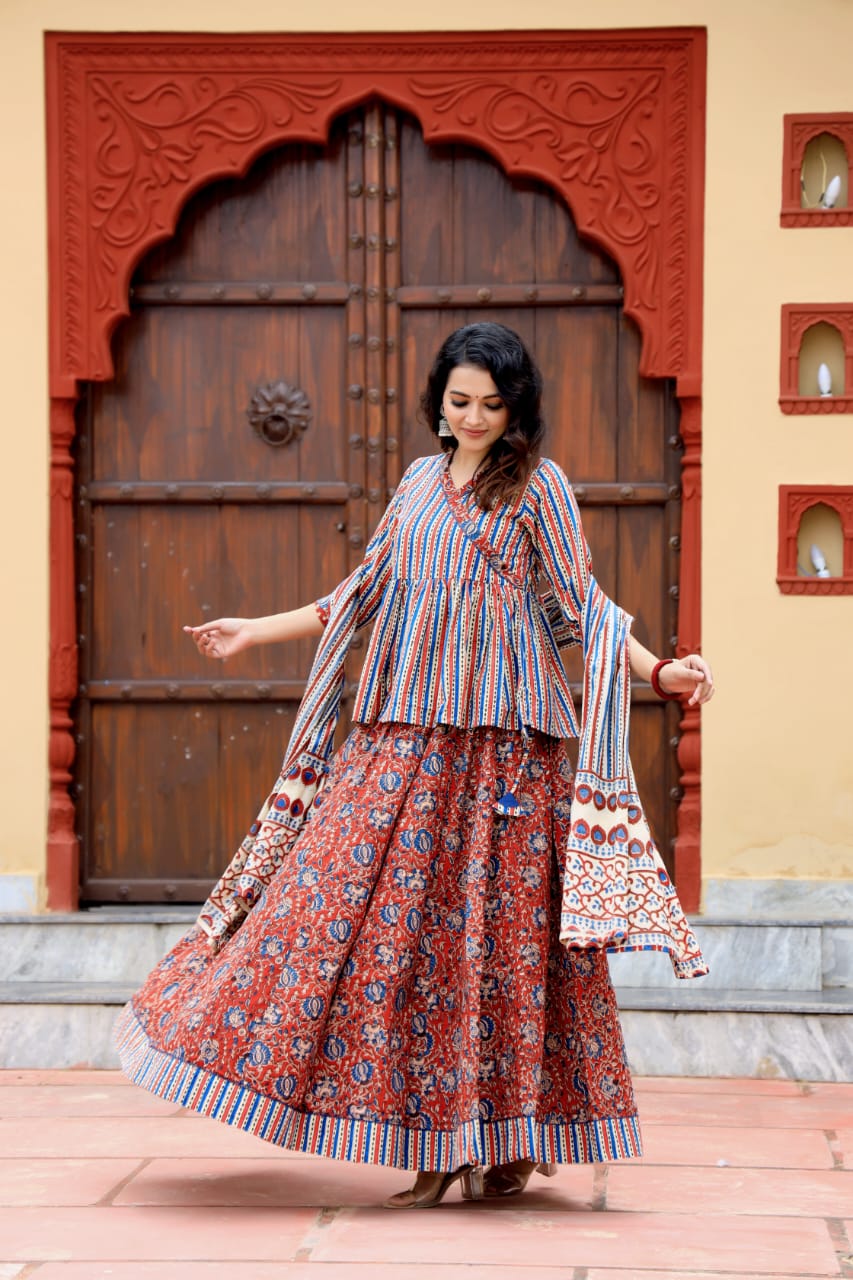 Hand Block Print Top & Skirt With Pure Cotton Dupatta