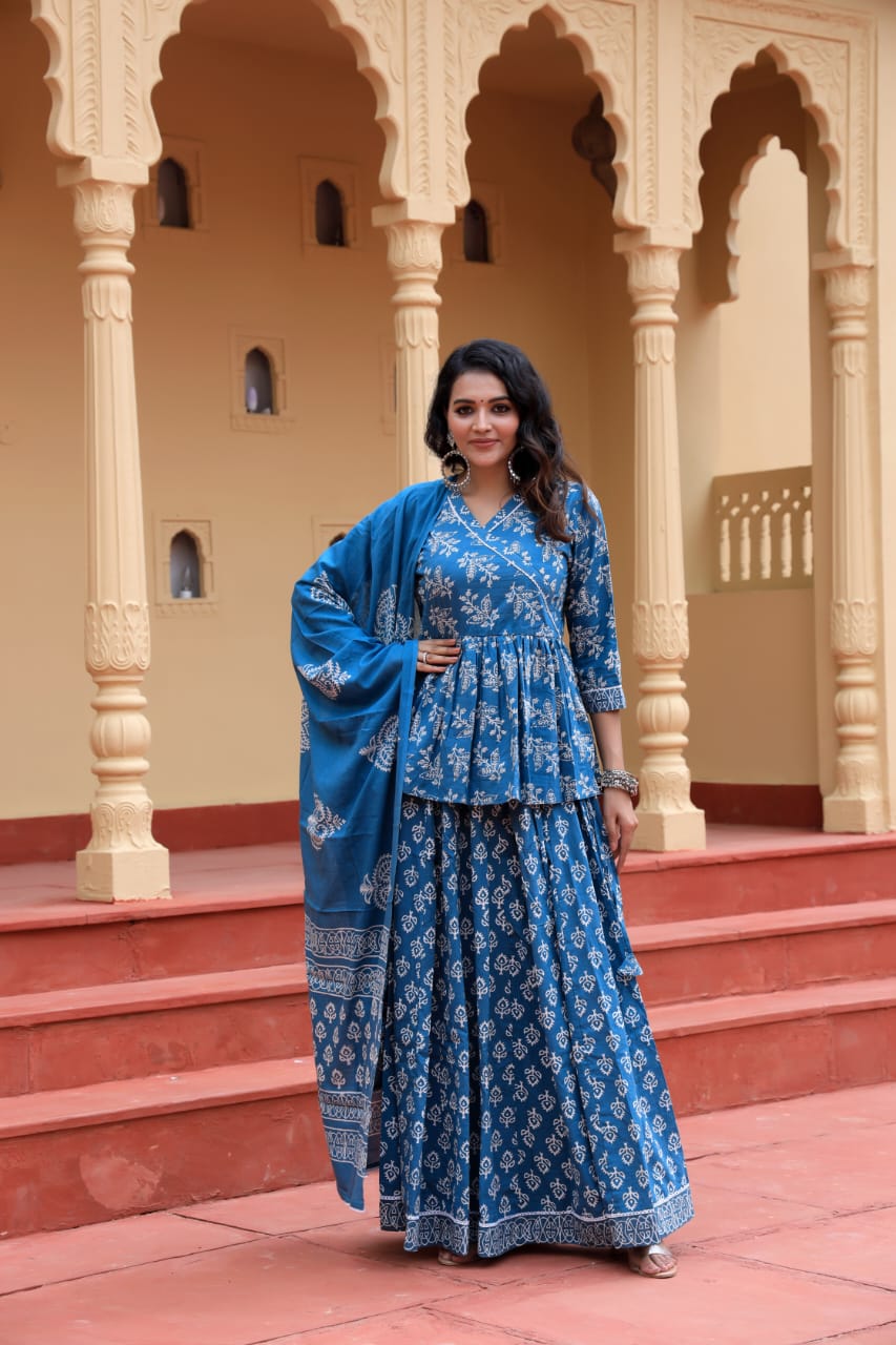 Hand Block Print Top & Skirt With Pure Cotton Dupatta