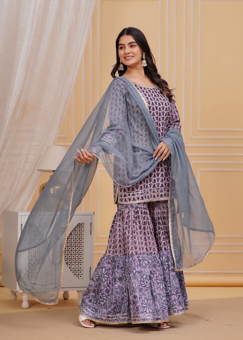 Lilac Hand block print cotton short kurta with gharara