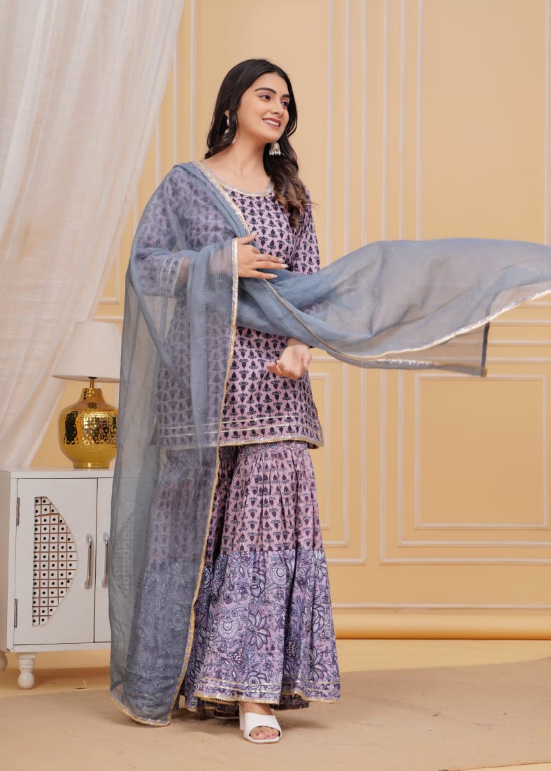 Lilac Hand block print cotton short kurta with gharara