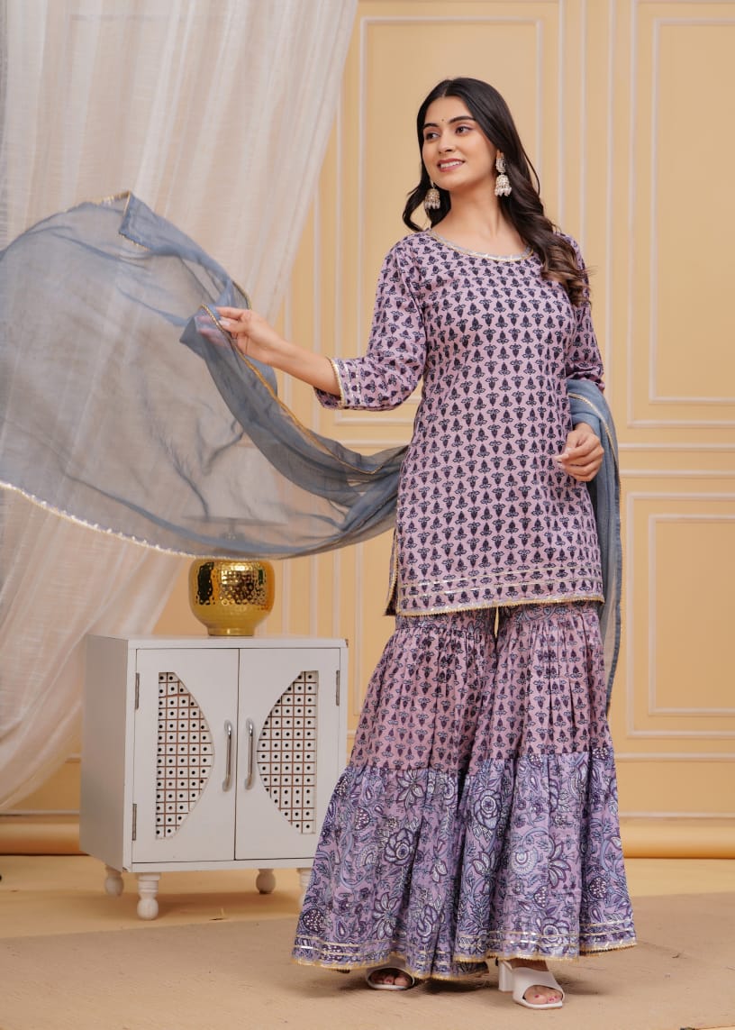 Lilac Hand block print cotton short kurta with gharara